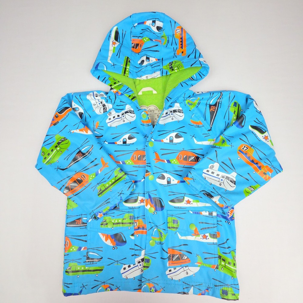 Hatley Helicopter Rain Jacket Kids Size 5 Blue Fleece Lined Polyurethane